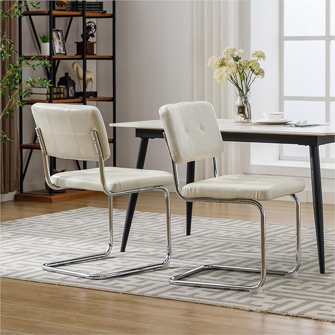 Forevich Mid Century Modern Dining Chairs Set of 2, Leather Kitchen Dining Room Side Chairs Upholstered Armless Accent Chairs with Metal Chrome Legs for Living Room, Bedroom White - LeafyLoom