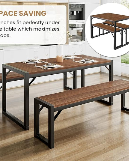 SHA CERLIN 3-Piece Dining Table Set with 2 Benches, Rustic Kitchen Table Set for 4-6, Space-Saving Dinette, Sturdy Structure, Easy Assemble, Walnut/Black - LeafyLoom