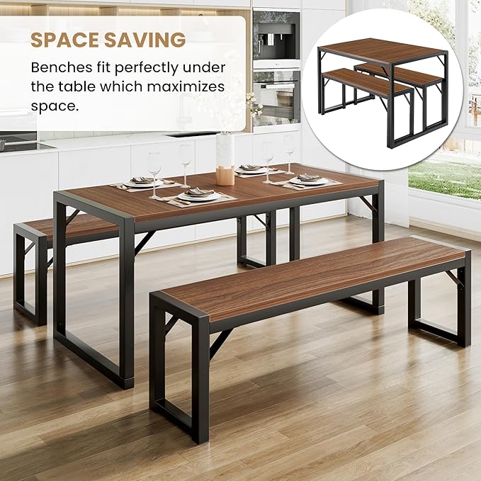 SHA CERLIN 3-Piece Dining Table Set with 2 Benches, Rustic Kitchen Table Set for 4-6, Space-Saving Dinette, Sturdy Structure, Easy Assemble, Walnut/Black - LeafyLoom
