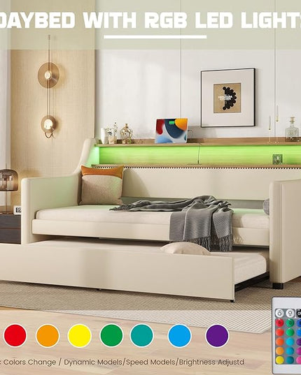 Twin Size Daybed with Trundle, Upholstered Day Bed Frame with Charging Station and LED Lights, PU Leather Sofa Beds w/Headboard & Wood Slat Support for Bedroom, Living Room, Beige - LeafyLoom