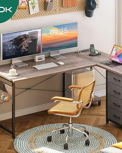 AODK L Shaped Desk with 4 Tier Drawers, 53" Reversible Gaming Desk with Power Outlets, L Shaped Computer Desk with USB Charging Port and Host Stand, Home Office Corner Desk, Easy to Assemble, Grey Oak - LeafyLoom
