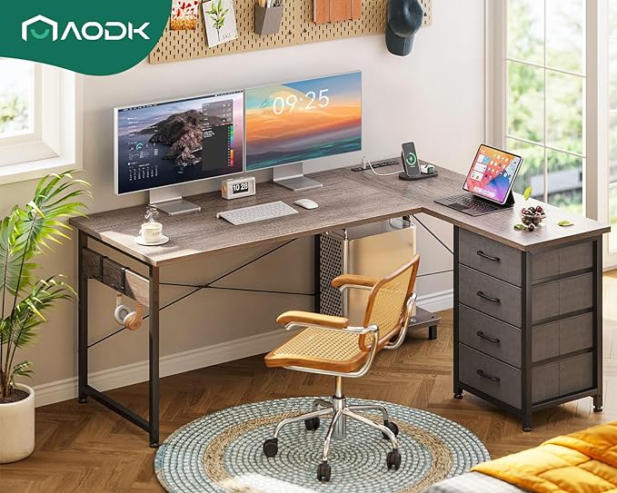 AODK L Shaped Desk with 4 Tier Drawers, 53" Reversible Gaming Desk with Power Outlets, L Shaped Computer Desk with USB Charging Port and Host Stand, Home Office Corner Desk, Easy to Assemble, Grey Oak - LeafyLoom