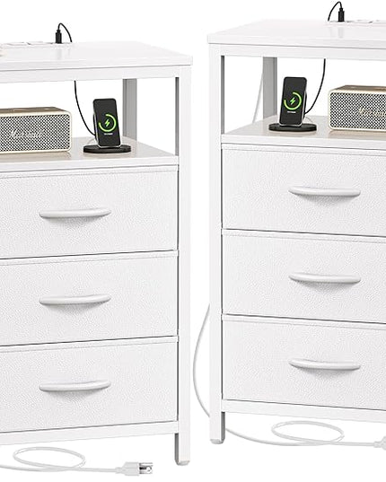 Nightstands Set of 2, 27.6 Inch End Tables with Charging Station, Side Tables with Drawers, PU Leather Finish, Bedside Tables with USB Port and Outlet, Night Stands for Bedroom, white - LeafyLoom