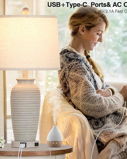 25" Farmhouse Jar Table Lamps Set of 2, 3 Way Touch Control Rustic Bedside Lamps with USB A+C Ports & AC Outlet, Pot Nightstand Lamps for Bedroom Living Room (LED Bulbs Included) - LeafyLoom