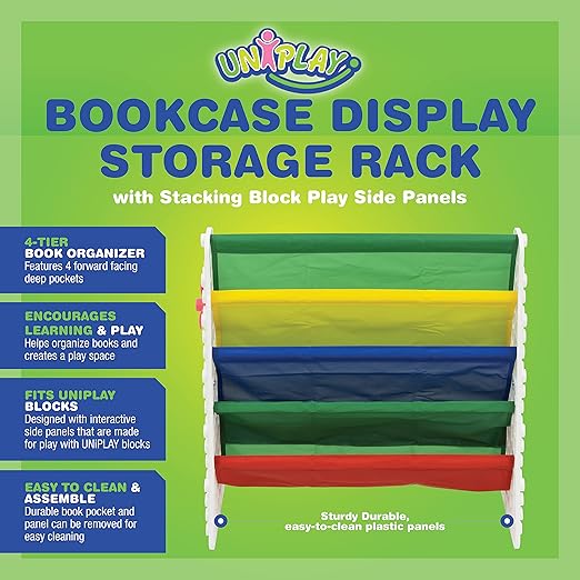 UNiPLAY Kids 4-Tier Book Storage Organizer with Sling Book Pockets, Plastic Sling Rack Bookshelf for Playroom, Fits Blocks, White/Primary - LeafyLoom