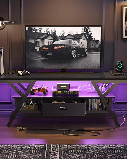 Bestier 70 Inch Gaming Tv Stands for Living Room with Power Outlet for Television up to 75", Black Entertainment Center with Led Lights for Living Room Bedroom. Carbon Fiber Black - LeafyLoom