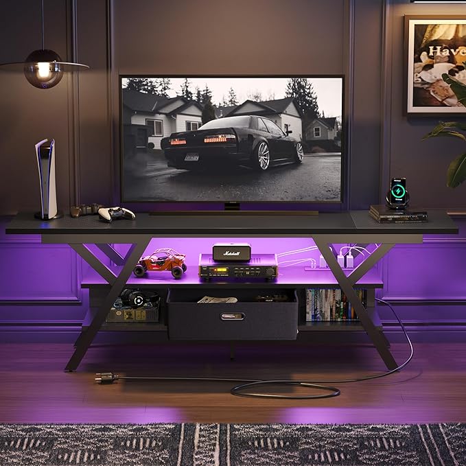 Bestier 70 Inch Gaming Tv Stands for Living Room with Power Outlet for Television up to 75", Black Entertainment Center with Led Lights for Living Room Bedroom. Carbon Fiber Black - LeafyLoom