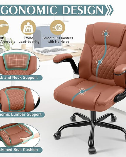 Leather Office Chair, PU Home Computer Desk Chairs with Ergonomic Back Support, 360°Swivel Free，Small Gmaing Chair with Wheels and Adjustable Armrests, for Short People Use, Brown - LeafyLoom