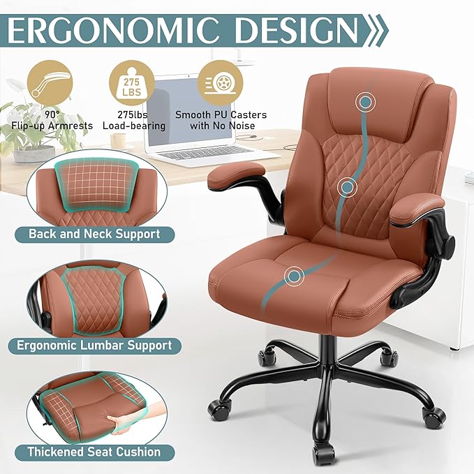 Leather Office Chair, PU Home Computer Desk Chairs with Ergonomic Back Support, 360°Swivel Free，Small Gmaing Chair with Wheels and Adjustable Armrests, for Short People Use, Brown - LeafyLoom