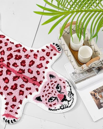 Leopard Shaped Rug Animals Bath Mat Rug Non-Slip Bathroom Door Mat for Bedroom Bathroom Kitchen Cartoon Area Rug for Bathroom Tub Soft Bathtub Mat Home Decor Pink - LeafyLoom
