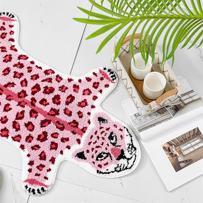 Leopard Shaped Rug Animals Bath Mat Rug Non-Slip Bathroom Door Mat for Bedroom Bathroom Kitchen Cartoon Area Rug for Bathroom Tub Soft Bathtub Mat Home Decor Pink - LeafyLoom