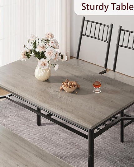 IDEALHOUSE Dining Table Set for 4, Kitchen Table and Chairs for 4 with Storage Bench, Rectangular Kitchen Table Set with Wine Rack, Dining Room Table Set for Small Space, Apartment, Retro Grey - LeafyLoom