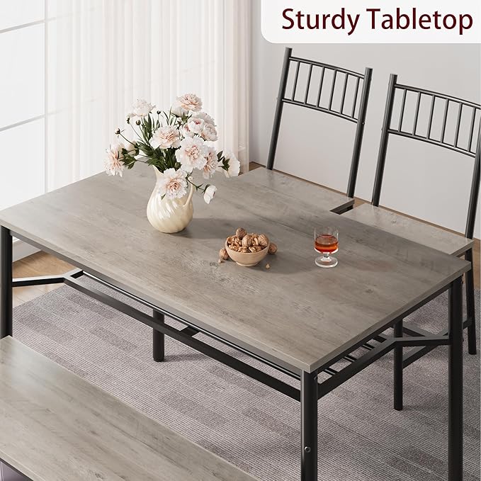 IDEALHOUSE Dining Table Set for 4, Kitchen Table and Chairs for 4 with Storage Bench, Rectangular Kitchen Table Set with Wine Rack, Dining Room Table Set for Small Space, Apartment, Retro Grey - LeafyLoom