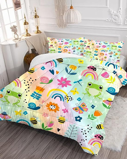 Rainbow Comforter Sets Twin Size Cartoon Floral Frogs Bedding Set for Girls Kids Children Boys Butterfly Flowers Bees Insects Cute Kawaii Quilt 1 Comforter + 1 Pillow Case - LeafyLoom