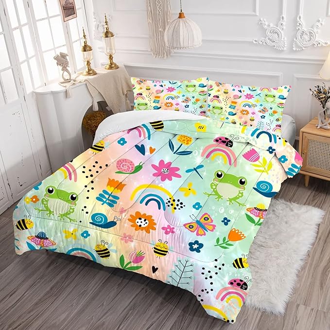 Rainbow Comforter Sets Twin Size Cartoon Floral Frogs Bedding Set for Girls Kids Children Boys Butterfly Flowers Bees Insects Cute Kawaii Quilt 1 Comforter + 1 Pillow Case - LeafyLoom