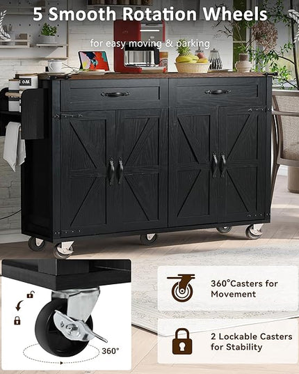53.5'' Farmhouse Kitchen Island Cart with Power Outlet, Kitchen Island with Storage,Drop Leaf and Spice Rack, Rolling Kitchen Cart on Wheels for Home, Kitchen and Dining Room - LeafyLoom
