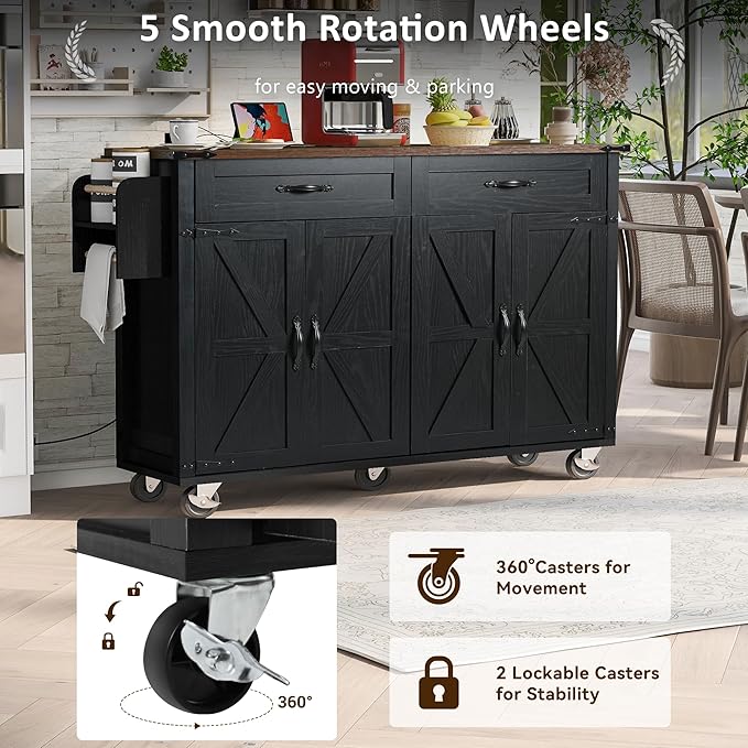 53.5'' Farmhouse Kitchen Island Cart with Power Outlet, Kitchen Island with Storage,Drop Leaf and Spice Rack, Rolling Kitchen Cart on Wheels for Home, Kitchen and Dining Room - LeafyLoom