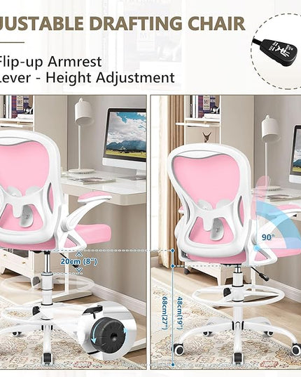 Drafting Chair, Tall Office Chair Ergonomic Standing Desk chair, Lumbar Support Computer Chair Swivel Task Rolling Chair with Adjustable Flip-up Armrests & Foot Ring (Pink) - LeafyLoom