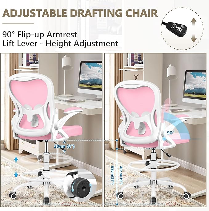 Drafting Chair, Tall Office Chair Ergonomic Standing Desk chair, Lumbar Support Computer Chair Swivel Task Rolling Chair with Adjustable Flip-up Armrests & Foot Ring (Pink) - LeafyLoom