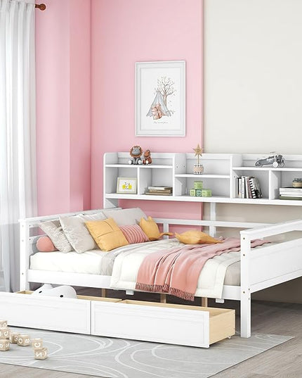 Full Size Daybed with Bedside Shelf and Two Drawers,Multifunctional Storage Solid Wood Bed,W/Wooden Slat Support,No Box Spring Needed,for Bedroom,Living Room,Apartment,White - LeafyLoom