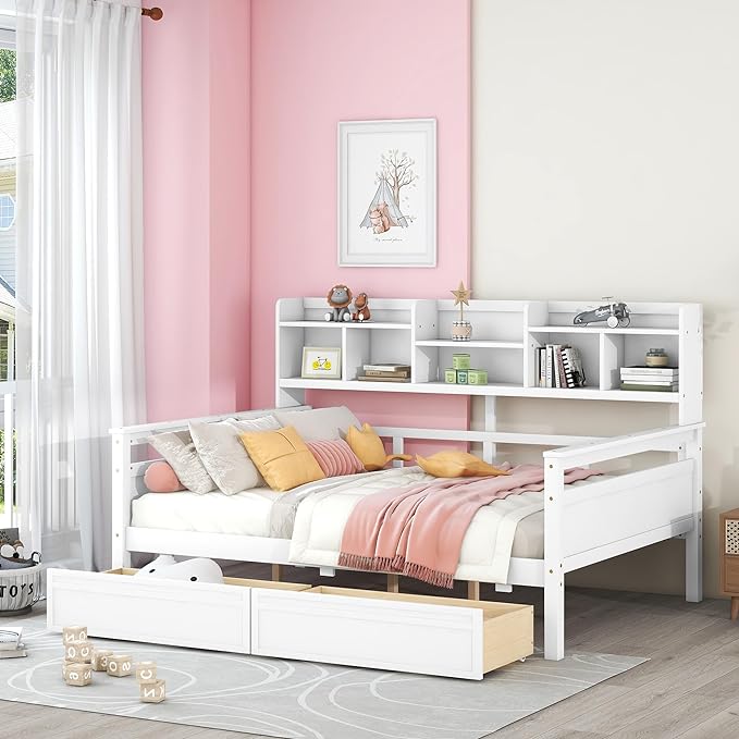 Full Size Daybed with Bedside Shelf and Two Drawers,Multifunctional Storage Solid Wood Bed,W/Wooden Slat Support,No Box Spring Needed,for Bedroom,Living Room,Apartment,White - LeafyLoom