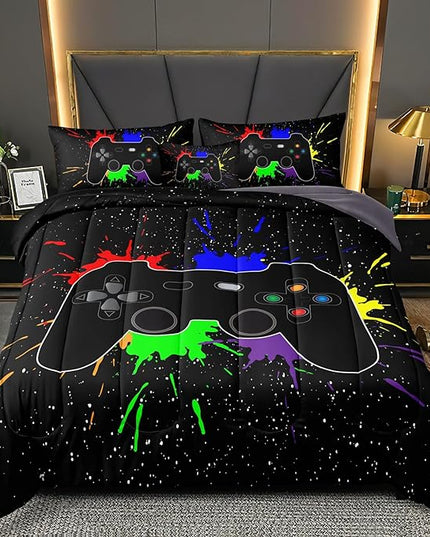 Boys Bed in a Bag Game Comforter Sets Queen Size,Video Game Controller Comforter for Boys Kids Adult 3D Gamepad Microfiber bed Set 6 Pieces Gaming bedding set 3001,Queen - LeafyLoom