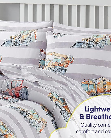 Kids Bedding Set Bed in a Bag for Boys and Girls Toddlers Printed Sheet Set and Comforter , Twin, Trucks - LeafyLoom