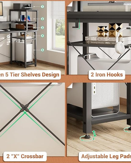 Gaming Desk with Storage, 47'' LED Light Desk, Home Office Computer Desk, Reversible Shelves & Power Outlets, Black - LeafyLoom