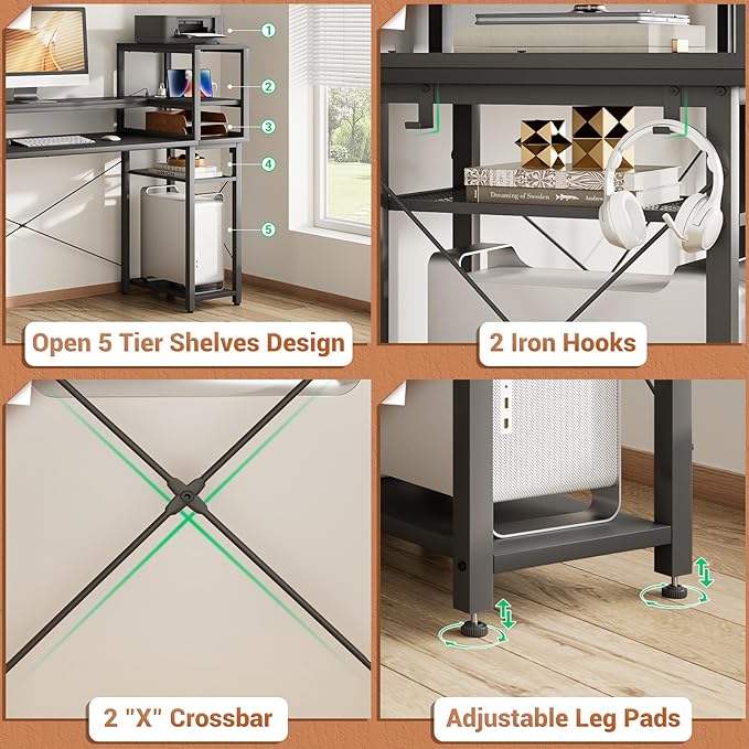 Gaming Desk with Storage, 47'' LED Light Desk, Home Office Computer Desk, Reversible Shelves & Power Outlets, Black - LeafyLoom