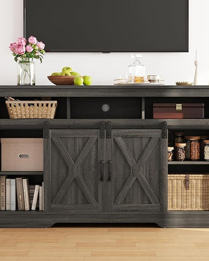 Farmhouse TV Stand for 23" Fireplace, 34'' Tall Entertainment Center for 65+ Inch TV, Rustic TV Console with Sliding Bar Door for Living Room (Dark Grey) - LeafyLoom