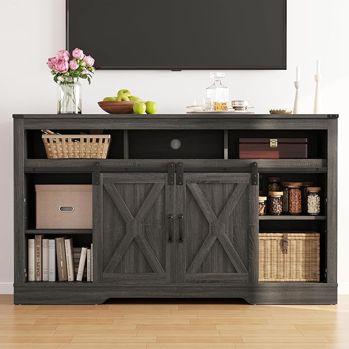 Farmhouse TV Stand for 23" Fireplace, 34'' Tall Entertainment Center for 65+ Inch TV, Rustic TV Console with Sliding Bar Door for Living Room (Dark Grey) - LeafyLoom