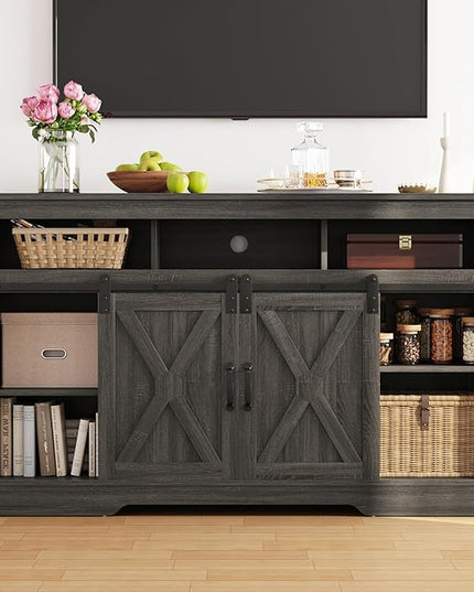 Fireplace TV Stand for 65+ Inch TV, Farmhouse Entertainment Center with 23" Electric Fireplace with Remote, Modern Rustic TV Console with Sliding Bar Door for Living Room,Dark Grey - LeafyLoom