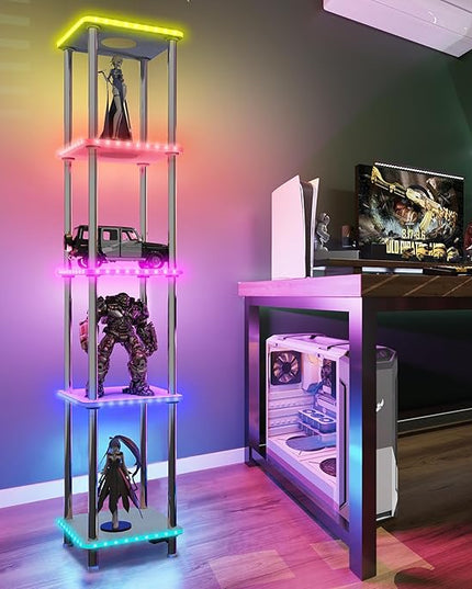 Kekeou RGBCW Floor Lamp with Shelves Tall Lamp Music Sync APP Control Standing Lamp with Wireless Charger & USB Port Color Changing Lamp with Shelves Work with Alexa White 5 Tier - LeafyLoom