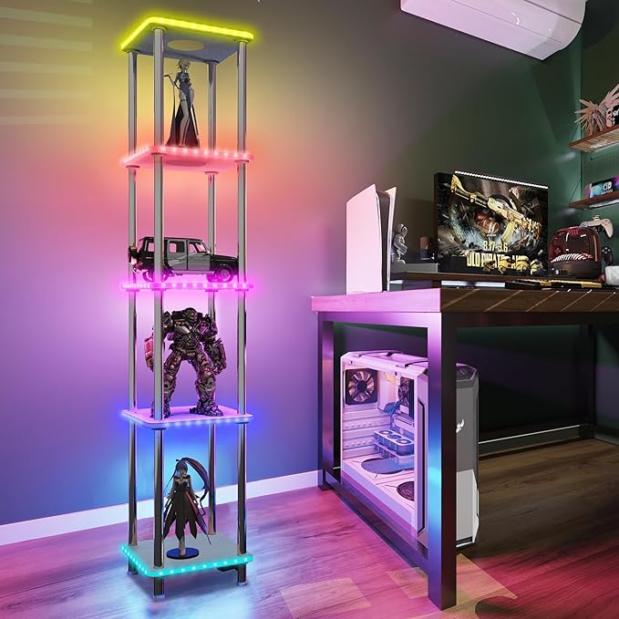 Kekeou RGBCW Floor Lamp with Shelves Tall Lamp Music Sync APP Control Standing Lamp with Wireless Charger & USB Port Color Changing Lamp with Shelves Work with Alexa White 5 Tier - LeafyLoom
