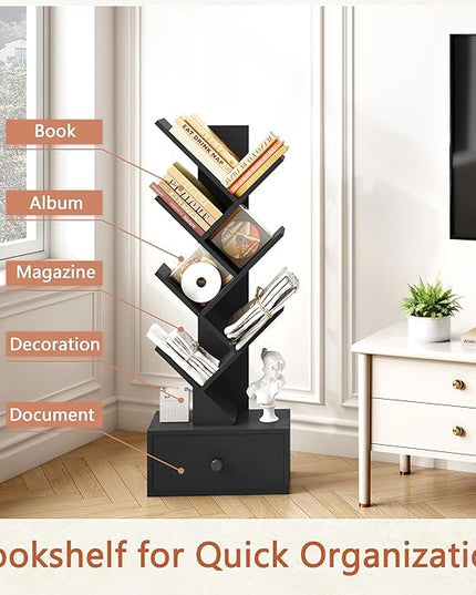 7 Tier Tree Bookshelf with Drawer, Tree Bookcase with Storage, Modern Floor Standing Bookshelves Organizer for Bedroom, Living Room, Home Office, Black - LeafyLoom