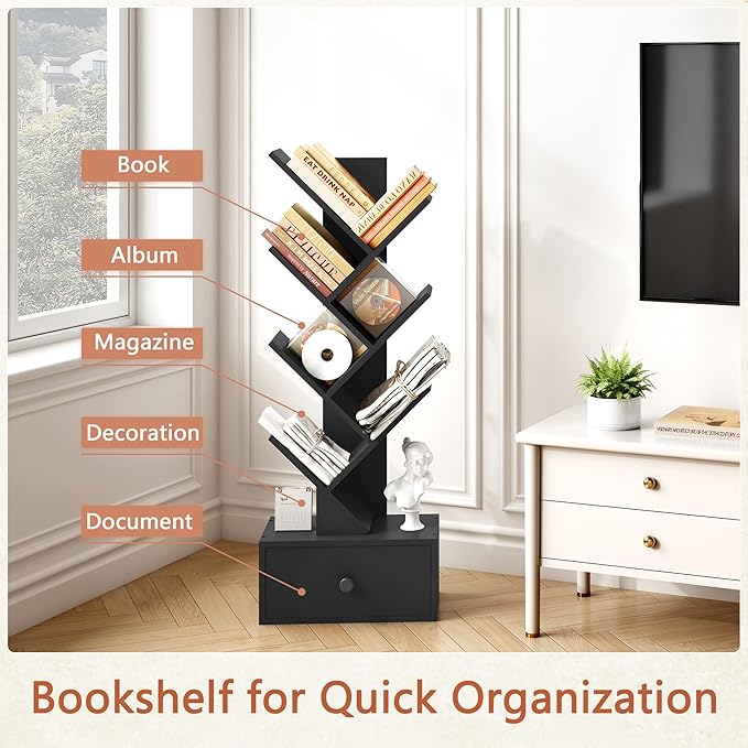 7 Tier Tree Bookshelf with Drawer, Tree Bookcase with Storage, Modern Floor Standing Bookshelves Organizer for Bedroom, Living Room, Home Office, Black - LeafyLoom