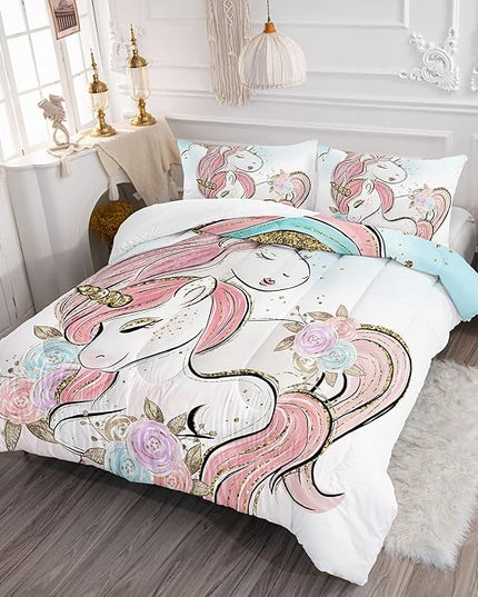 CVHOUSE Unicorn Bedding Twin Size,Unicorn Bedding Set for Girls Kids,Cute Unicorn Comforter Set Chrismas Duvet Set Unicorn Quilt Set Girls Room Decor 3 Pieces - LeafyLoom