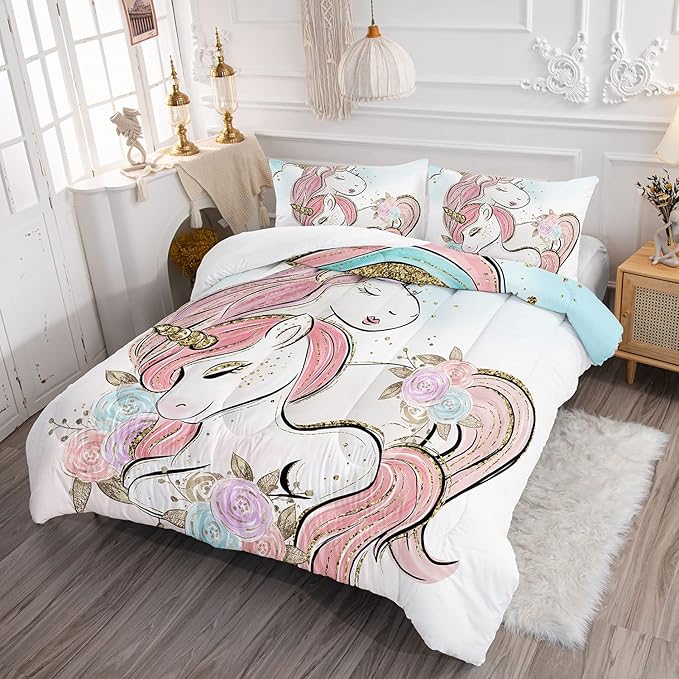 CVHOUSE Unicorn Bedding Twin Size,Unicorn Bedding Set for Girls Kids,Cute Unicorn Comforter Set Chrismas Duvet Set Unicorn Quilt Set Girls Room Decor 3 Pieces - LeafyLoom