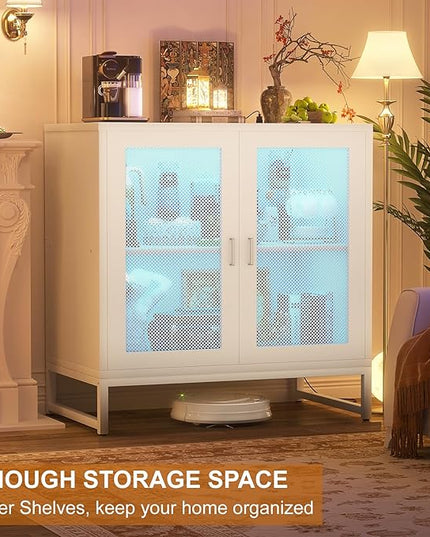 Aheaplus Sideboard Buffet Cabinet with Power Outlet, Accent Cabinet with Storage &LED Lights &Doors, Small Storage Cabinet Cupboard Console Cabinet for Kitchen, Hallway, Entryway, Living Room, White - LeafyLoom