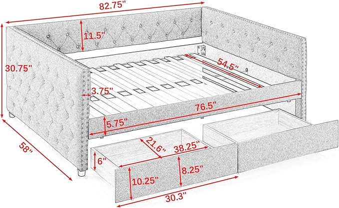 Full Size Upholstered Daybed, Pull Out with Two Storage Drawers, Solid Wood Frame Bed, Tufted Buttons and Copper Nails On Square Arms, for Bedrooms,Apartments, Grey-1 - LeafyLoom