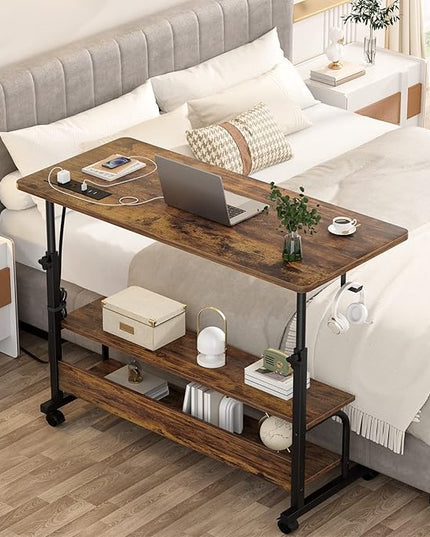 Height Adjustable Standing Desk with Power Outlets, 39" Manual Stand Up Desk with Storage Shelves Small Mobile Rolling Computer Desk Portable Laptop Table with Wheels for Home Office, Rustic - LeafyLoom