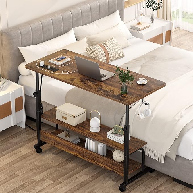 Height Adjustable Standing Desk with Power Outlets, 39" Manual Stand Up Desk with Storage Shelves Small Mobile Rolling Computer Desk Portable Laptop Table with Wheels for Home Office, Rustic - LeafyLoom