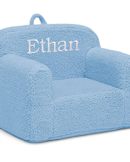 Delta Children Personalized Sherpa Cozee Chair - Customize with Name – Foam Kids Chair for Ages 18 Months and Up, Powder Blue - LeafyLoom