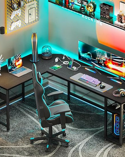 Coleshome L Shaped Computer Desk 66" with Power Outlet & Storage Shelves, Corner Sturdy Writing Desk Workstation, Modern Wooden Office Gaming Desk, Wood & Metal, Black - LeafyLoom