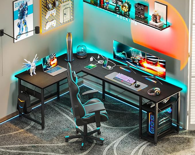 Coleshome L Shaped Computer Desk 66" with Power Outlet & Storage Shelves, Corner Sturdy Writing Desk Workstation, Modern Wooden Office Gaming Desk, Wood & Metal, Black - LeafyLoom