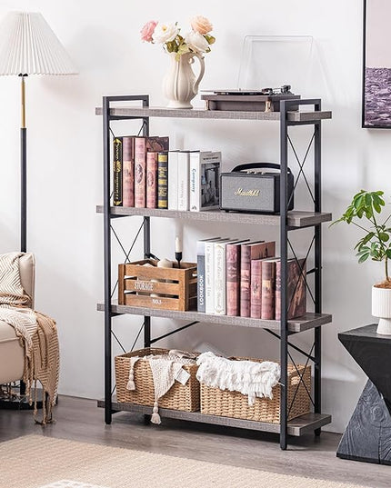 HCHQHS Bookshelf, 4-Tier Industrial Bookcase, Rustic Open Book Shelf, Freestanding Tall Bookshelves with Metal Frame - LeafyLoom