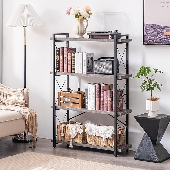 HCHQHS Bookshelf, 4-Tier Industrial Bookcase, Rustic Open Book Shelf, Freestanding Tall Bookshelves with Metal Frame - LeafyLoom