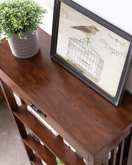 Leick Home 82262 Mission Mantel Height Bookcase with Slatted Sides and Top Drawer, Made with Solid Wood, for Living Rooms, Mission Oak Finish, Brownbronze - LeafyLoom