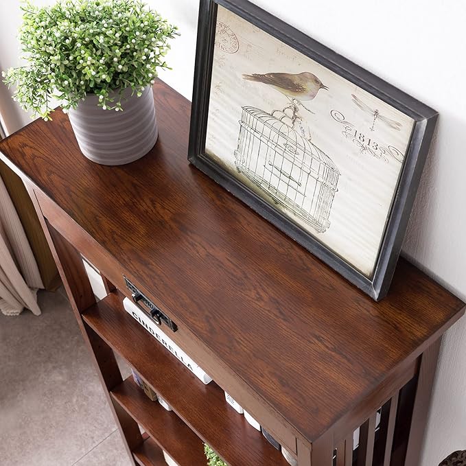 Leick Home 82262 Mission Mantel Height Bookcase with Slatted Sides and Top Drawer, Made with Solid Wood, for Living Rooms, Mission Oak Finish, Brownbronze - LeafyLoom