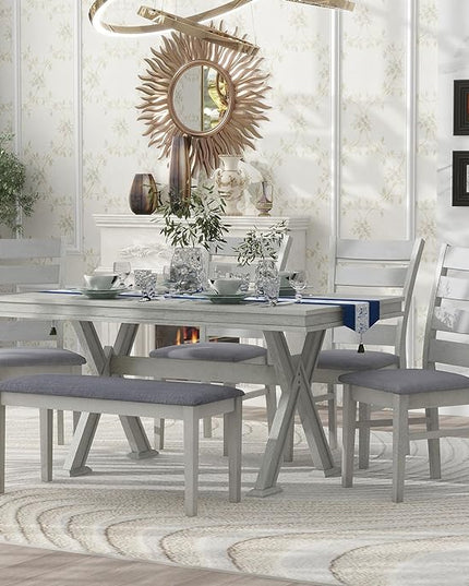 Merax (White Table Set with Unique Legs and 4 Upholstered Chairs & 1 Bench, 6-Piece L Rectangular - LeafyLoom